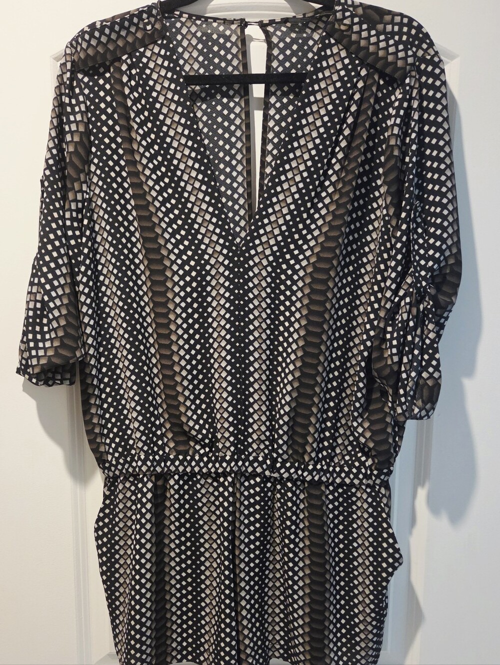 BCBG Black and White Geometric V-Neck Romper